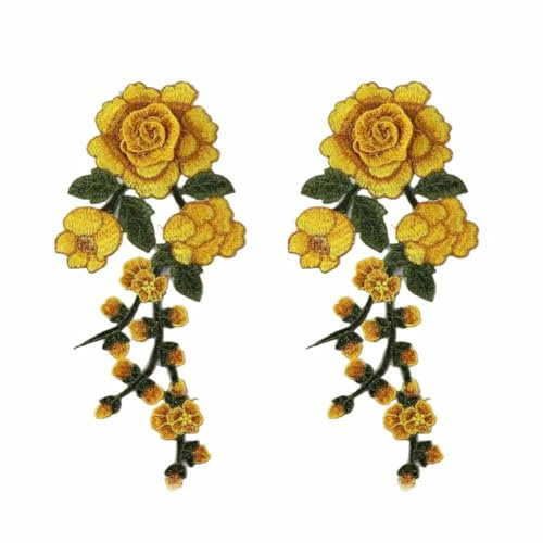 SHTGOI Stickerei-Blumen Applikation 2 Stück Retro Rose Blumen Patches zum Aufnähen Bestickte Bügelbild Aufnäher Blume Applique Kleidung Zubehör für DIY Nähen Cheongsam Kleidung Kleid Gelb