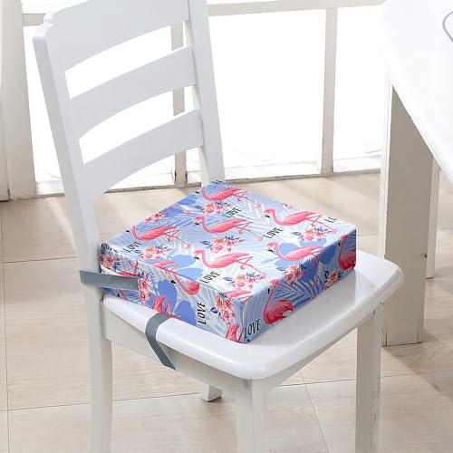 FANSU Kinder Sitzkissen Sitzerhöhung Stuhl, Karikatur Flamingo Druck Baby Kind Sitzkissen Quadrat Zerlegbar Kleinkinder Esszimmerstuhl ErhöHen Pad Esszimmer Boostersitze (32x32x8cm,Blau)
