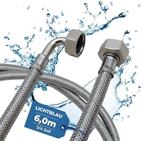 Lichtblau Tuyau en acier inoxydable résistant aux torsions I 6,0 m I Raccord 3/4 Machine à laver et lave-vaisselle I Tuyau blindé coudé/droit avec joint I Utilisation universelle