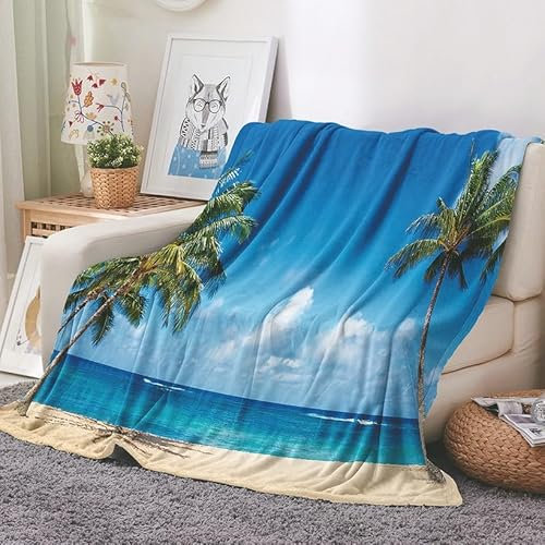 EHOMERY Couverture Pique Nique Linge De Lit Flanelle Couverture Hiver Peluche Douce Et Moelleuse Mer Paysage Couverture d'accueil Bleu 150x100cm