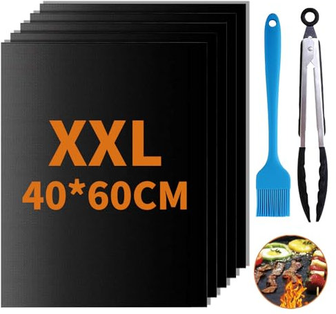 GROFIS Set di 5 Tappetino Barbecue 60x40cm, Antiaderente Stuoie Barbecue in Teflon, Carta da Forno Riutilizzabile con Pennello e Clip, BBQ Mat per Griglia a Gas Carbone Forno Griglia Elettrica