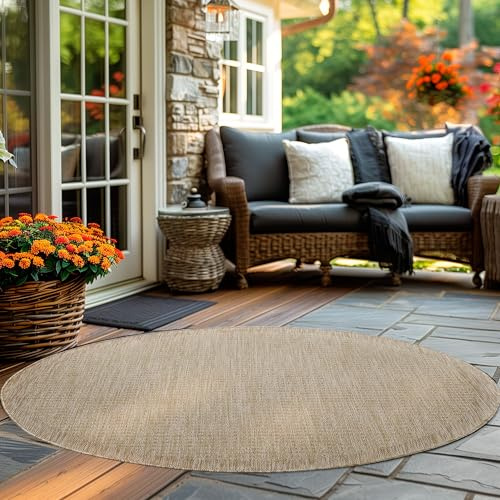 Carpettex In & Outdoor Teppich Wetterfest 160 cm Rund Beige - Sisal Optik Balkon Teppich Waschbar, Wasserfest und Flachgewebe - Ideal als Teppich für Küche, Terrasse, Garten und Camping