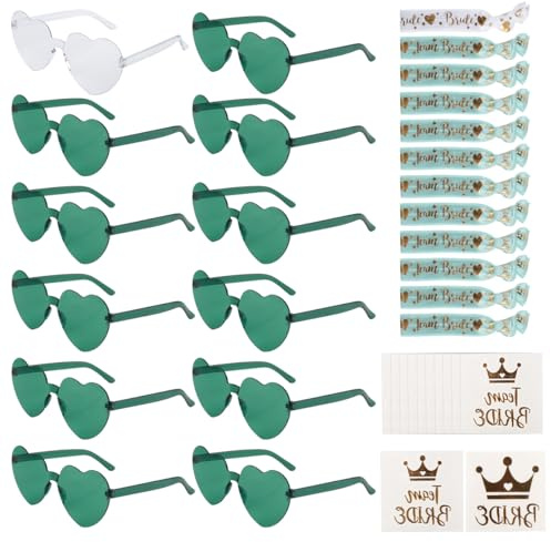 OctBird 36 Stück JGA Brille Team Braut Haargummi,Bride to Be Herz Brille Set,12Herz Sonnenbrille+12Bride Tattoo Aufkleber+12Bride Armband,JGA Deko Accessoires für Bachelorette Party,JGA Set Grün