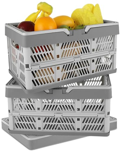 LDHHYH 3 Pack Plastic Milk Crates for Storage, 20L Stackable Storage Bins for Organizing, Collapsible Shopping Basket Storage Crates with Handle for Home Office School Store - Gray