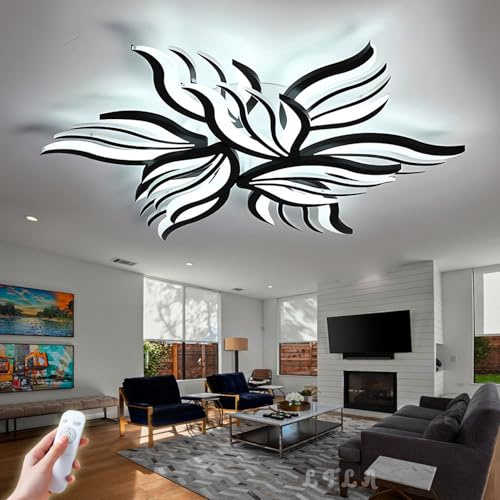 Modern LED Deckenlampe Dimmbar Deckenleuchte Schwarz 90W ,6230lm Groß Wohnzimmerlampe Acryl Blütenform Design Deckenlicht Mit Fernbedienung Beleuchtung Schlafzimmer Esszimmer Energiesparlampe, Ø85cm