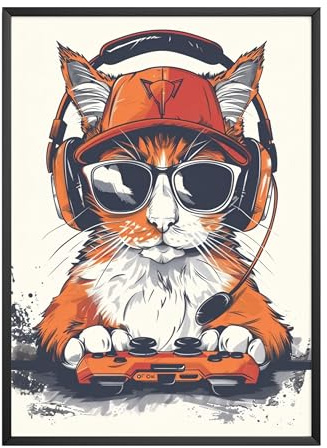 MJ-GRAPHICS® Poster Gaming Jugendzimmer, Gaming Room, A4 Gamer Deko, Zimmer Deko Jungs, Wand Bilder, Gaming Wand Deko, Deko Jugendzimmer Katze Bilder Gaming Poster Gaming Deko Zimmer ohne Rahmen