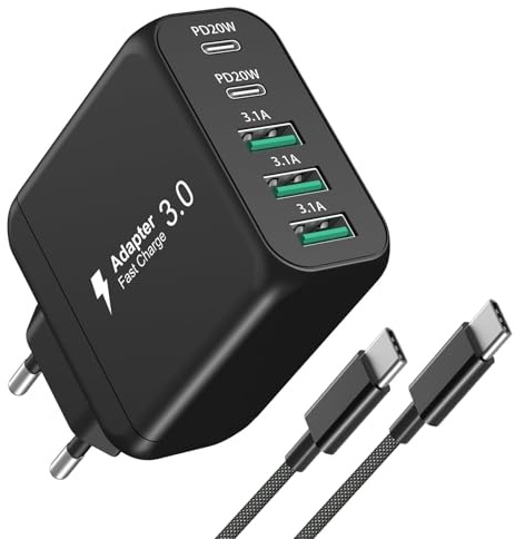 Chargeur USB C, Avatcen 55W 5 Port Prise USB C Chargeur avec Câble 2M, Multiprise USB C PD+QC Secteur Rapide iPhone, Bloc Chargeur USB C pour iPhone 16/15/14 Pro Max, iPad, Samsung Galaxy, Tablette