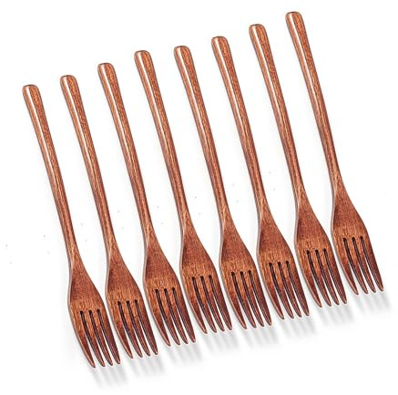 Lot de 8 fourchettes en bois à long manche réutilisable style japonais fait à la main pour nouilles, fruits, salade, nouilles