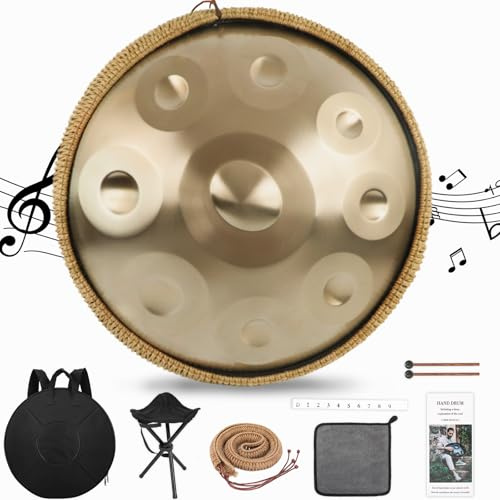 BIILOYY Handpan Drum, Tambor de Lengua de Acero de 18 pulgadas, 432hz, 9 notas en G menor con Baquetas, Soporte para Tambor, Bolso para Meditación, Yoga