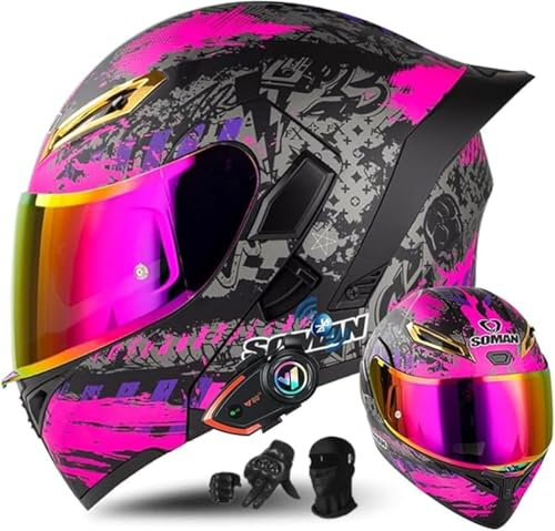 Bluetooth-Integral-Motorradhelme, Straßenmotorradhelm mit Doppelvisier, ECE-zugelassener Moped-Rennhelm für Erwachsene, Männer, Frauen D,L59-60CM