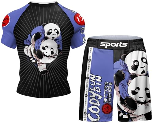 Cody Lundin Herr 3D-tryck kompression set löpning träning sport tight fitness kostym kortärmad skjortor och shorts för utomhus sportkläder cosplay, Brottningspandor, XL