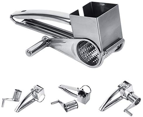 YUMILI Rallador de queso plateado con manivela, rallador de queso giratorio multifuncional de acero inoxidable, trituradora de queso para queso, verduras, chocolate, frutas, frutos secos (7,9 x 4,6 x