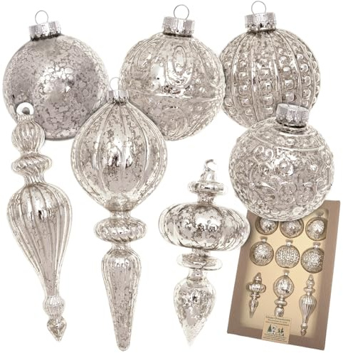 Krebs Glas Lauscha - Weihnachtsdekoration/Christbaumschmuck aus Glas - Antic Mercury Sortiment (Kugel, Kugel mit Struktur, Formen) - Menge: 9 Stück - Farbe: Silber - Größe: ca. 8 cm