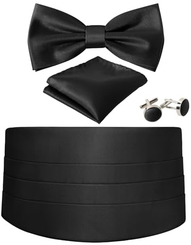 Cummerbund and Bow Tie Set Solid Color Adjustable Formal Men's Black Cumberbund Bowtie Cufflinks Set & Pocket Squares