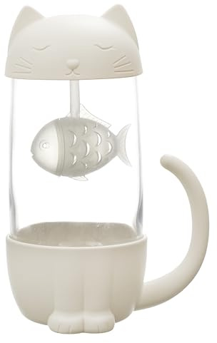 THE CONCEPT FACTORY Mug Infuseur Poisson Chat Kawaii 30 cl Céramique Blanc | Céramique et verre, mug infuseur poisson chat kawaii, 30 cl, thé et café, blanc et transparent