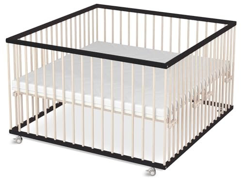 Sämann Laufstall Baby XXL 120x120 cm mit Matratze | TÜV geprüft 2024 | stufenlos höhenverstellbar | Laufgitter Premium | Babybett aus Holz | Krabbelgitter schwarz/natur