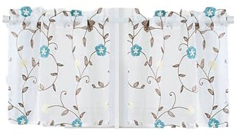 Homxi Scheibengardine Set 2-Teilig Küche,2 x 74W x 90H cm,Blau Braun Küchengardine Blumen und Blätter Muster Vorhänge Rod Pocket