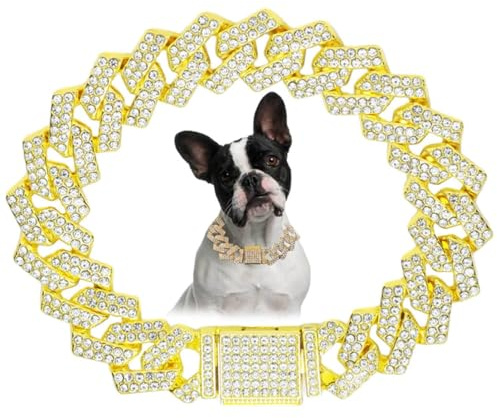 Goldene Kette für Hunde, kubanische Gliederhalsband, Diamant-Metall, 15 mm breit, glitzernd, für kleine, mittelgroße und große Haustiere, Hunde, Katzen, Silber (20.3 cm)