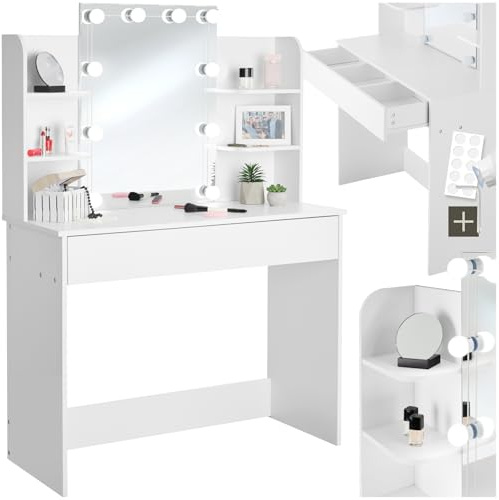 tectake® Tavolo da Trucco con Specchio e Luci, LED Dimmerabile con 10 Lampadine, Toeletta Trucco con Cassetto 3 Scomparti, 4 Ripiani, Scrivania Trucco con Specchio – Luise,Bianco