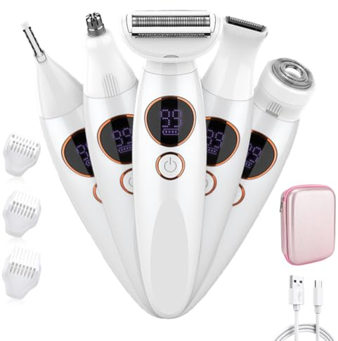 Afeitadora eléctrica para mujer 5 en 1, afeitadora íntima para mujer, recargable por USB, afeitadora eléctrica para mujer, sin dolor, en húmedo y seco, recortadora corporal para cara, brazos, piernas