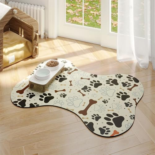 Mateju Napfunterlage Hund Katzen, Hund rutschfest Saugfähig Schnelltrocknend Futtermatte Hunde Katzen Matte, Knochenform Napfunterlage Katze Hundenapf Unterlage (Beige,50x70cm)