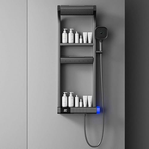 QFGain Ensemble De Robinet De Douche Complet, Ensemble De Douche 6 Fonctions, Robinet De Baignoire à Affichage NuméRique LED, Pommeau De Douche Cascade avec Jets De Massage, Douche Chaude Et,Black