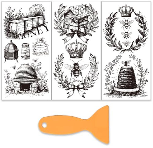 OLYCRAFT 3 Stück/Set Bienen Transferfolien Zum Aufreiben Für Möbel Und Kunsthandwerk 15x30cm Bienenstock Möbelaufkleber Transferaufkleber Zum Aufreiben Mit 1 Teiligem Schaber Für Holz Scrapbook