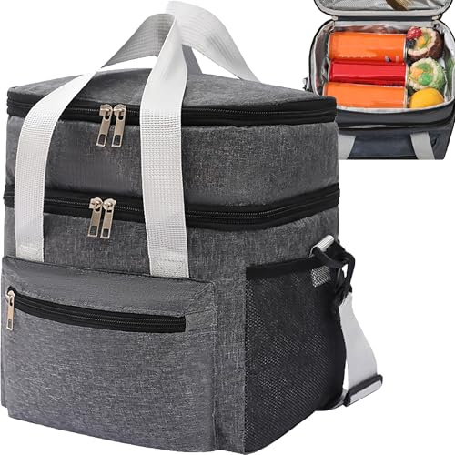 CXAFQ Bolsa Térmica De Almuerzo Gris, Bolsa De Almuerzo Aislada, Tartera Comida Trabajo, Diseño De Almacenamiento De Doble Capa De Gran Capacidad De 24 * 17 * 27 Cm, Impermeable y Antiincrustante