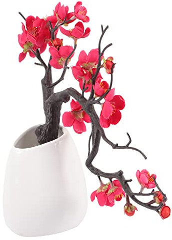 Luxshiny Flor de Ciruelo Artificial en Maceta de Cerámica para Adorno del Hogar