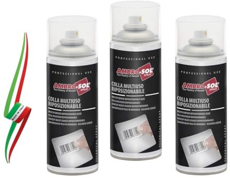 Set 3 pezzi Colla Multiuso Riposizionabile, Permette di Incollare, Staccare e Riattaccare i Prodotti senza Alterarli, Bomboletta Spray in Banda Stagnata 400 ml MADE IN ITALY