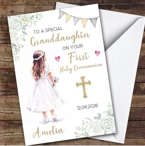 Personalized First Holy Communion Card For Granddaughter Little Girl Flowers | Custom Greetings Card For First Holy Communion Any Text