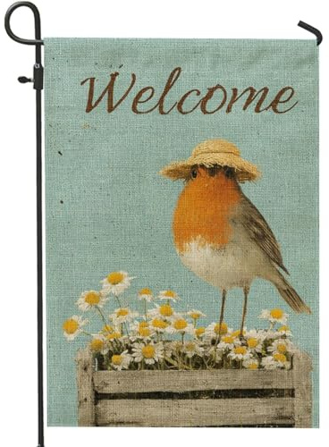 Gartenflagge Willkommen Frühlingsvogel Mit Strohhut Und Blumen Rasenbanner Lustiger Hofbanner Lichtbeständig Familienfahne Für Urlaub Balkone Draußen 30X45Cm