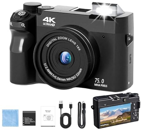 Zoomix Digital Camera,Fotocamera Digitale 4k Da 75 Mp, Fotocamera Compatta Con Zoom Digitale 18x E Schermo Lcd Da 3 Pollici, Doppia Fotocamera Anteriore E Posteriore-64G