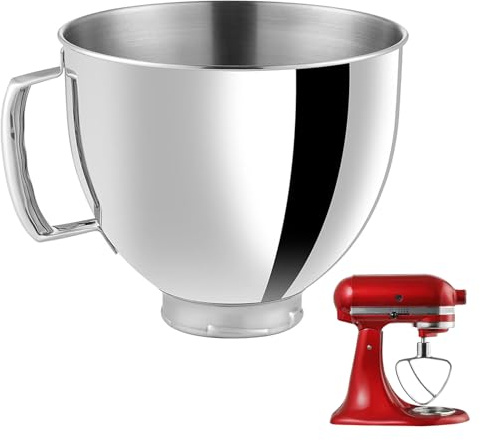 Edelstahl-Rührschüssel für KitchenAid-Standmixer mit 4,5 bis 5 Quart Fassungsvermögen, Kompatibel mit KitchenAid-Mixerzubehör, mit Griff, Ersatz-Rührschüssel, Spülmaschinenfest