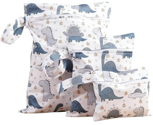 YAWYO 3er-Set Wickeltaschen, Weiße Dinosaurier-Muster Nassbeutel für Babys, Wiederverwendbare Beutel mit Reißverschluss in 3 Größen für Camping, Schwimmen, Reisen und Strand