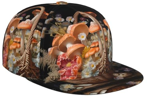 WZYWHJ Élégante casquette de baseball à bord plat motif champignons dans le panier de fleurs, évacuation de l'humidité et respirante, adaptée pour un usage quotidien, le sport et les voyages, noir