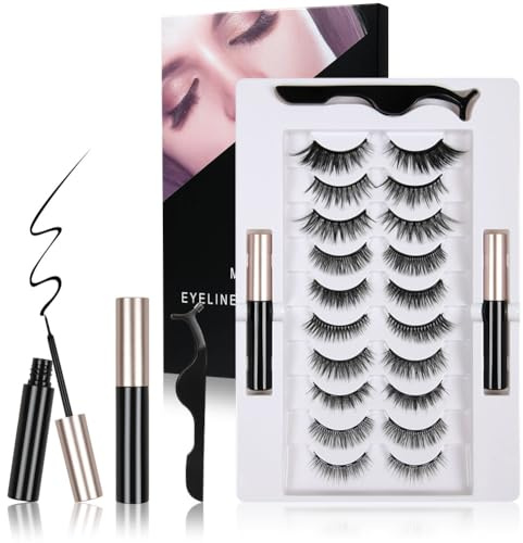 LOPHE Magnetiska ögonfransar, 10 par premium fuskmink-fransar med 2 magnetiska eyeliner, återanvändbara 3D-lockiga fransar, naturliga till dramatiska, komplett kit för kvinnor, jul, födelsedagspresent