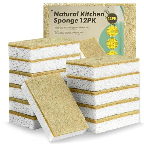 Washing Up Sponges 12 Pack - Natural Cellulose & Sisal Non Scratch Heavy Duty Kitchen Dish Sponges, Biodegradable Compostable Cleaning Sponge Scourers for Household, Kitchen Cookware