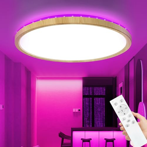 zemty LED Deckenleuchte Dimmbar, RGB Farbwechsel Deckenlampe mit Fernbedienung, 24W 3200LM 30CM Holz Badezimmerlampe Decke Wasserfest für Bad Schlafzimmer Kinderzimmer Jugendzimmer