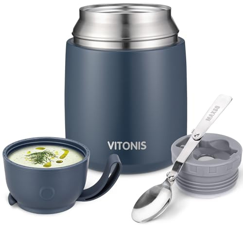 VITONIS Thermobehälter für Essen 500ml Edelstahl Isolierbehälter Gefäß für warme Speißen, Essen, Suppe, Isolierbehälter mit Löffel Thermo Gefäß,Staubiges Blau
