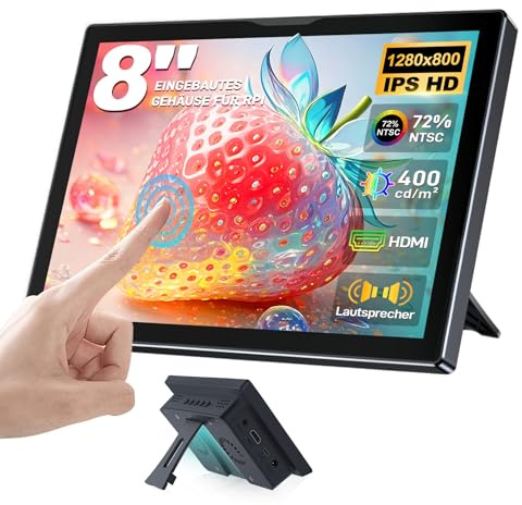 Ueplain 8 Zoll Tragbarer Touchscreen Monitor für Raspberry Pi, IPS 1280×800 HD Display mit Gehäuse, Lautsprecher, HDMI-Eingang, kompatibel mit Raspberry Pi 5/4B/3B+/3B/B+ Jetson Nano Win11/10/8/7/PC