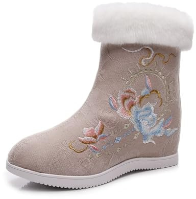 Stivaletti Invernali Caldi con Fodera in Pelliccia E Ricamo Floreale Shoes Corti da Donna in Stile Tradizionale Cinese Hanfu Stivali da Neve con Zeppa Nascosta Scarpe Orientali(Apricot,36 EU)