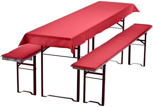 Waidmeister Bierbankauflagen Set 3 teilig - Auflagen für Bierzeltgarnitur - 1 Tischdecke 240x70 cm für Biertisch & 2 Bankauflagen gepolstert 220x25 - Farbe: Rot