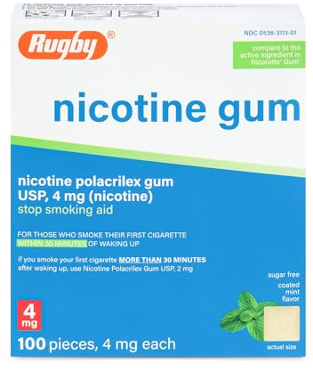 Rugby Polacrilex 4mg Nicotine Gum - Mint Flavor, Quit Smoking and Vaping Aid, Sugar-Free, 100 Count (1-Pack)