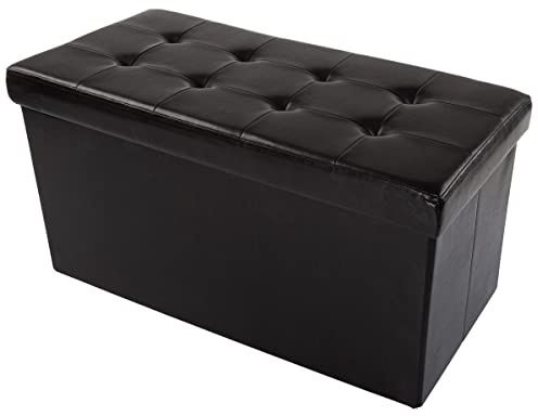 Storage Ottoman - 30-Inch Folding Faux Leather Footrest, Linen Chest, or Bench with Removable Bin for Living Room or Bedroom by Home-Complete (Black)