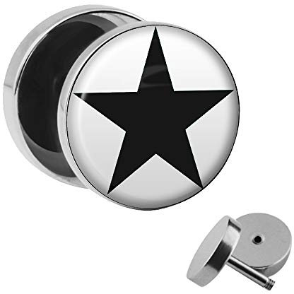 Treuheld | Ohrstecker zum Schrauben - Schwarzer Stern - Fake-Plug mit Gewinde - Edel-Stahl Fake-Tunnel Ohr-Ring Silber - 5-Zack Stern Schwarz Weiß Star - Ohr-Piercing Chirurgen-Stahl Ohr-Stecker