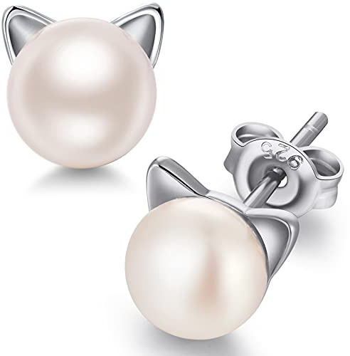 jiamiaoi Katzen Ohrringe Silber 925 Katze Ohrstecker Kinder Ohrringe Süße Katzen Perlenohrringe 925er Silber mit Süßwasser Perlen 7.5MM Schöne Katzen Katzenschmuck für Damen Mädchen