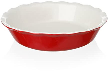 Sweejar Kuchenform aus Keramik, rund, 25,4 cm, für Abendessen, antihaftbeschichtet, mit weichem Wellenrand für Apfel, Kürbis, Topfkuchen (rot)