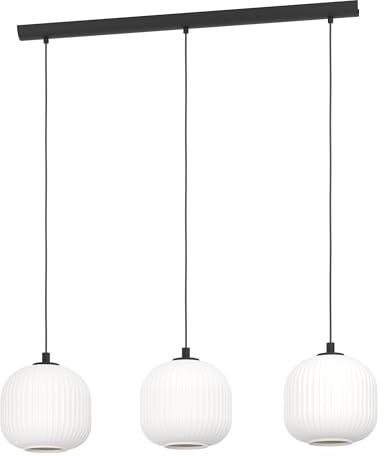 Eglo Lámpara de suspensión Mantunalle, pendiente de 3 luces para comedor, luminaria de metal en negro y vidrio en blanco, luz de comedor, casquillo E27, 120 cm