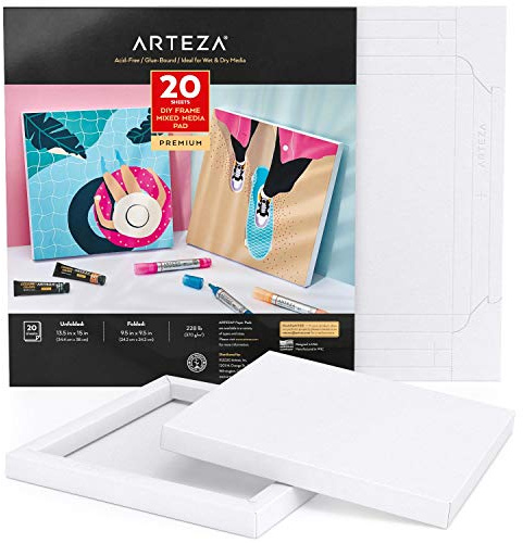ARTEZA Cadre DIY, bloc de papier d'art pour médias mixtes, 24.21x24.21 cm, 20 feuilles, papier pour multi médias épais, 228 lb, 370 g/m², sans acide, bloc en cellulose pour la peinture et arts mixtes
